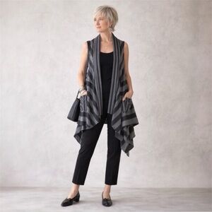 Dolcezza Striped Long Open Front Cardigan Asymmetrical Hem Sleeveless Lagenlook